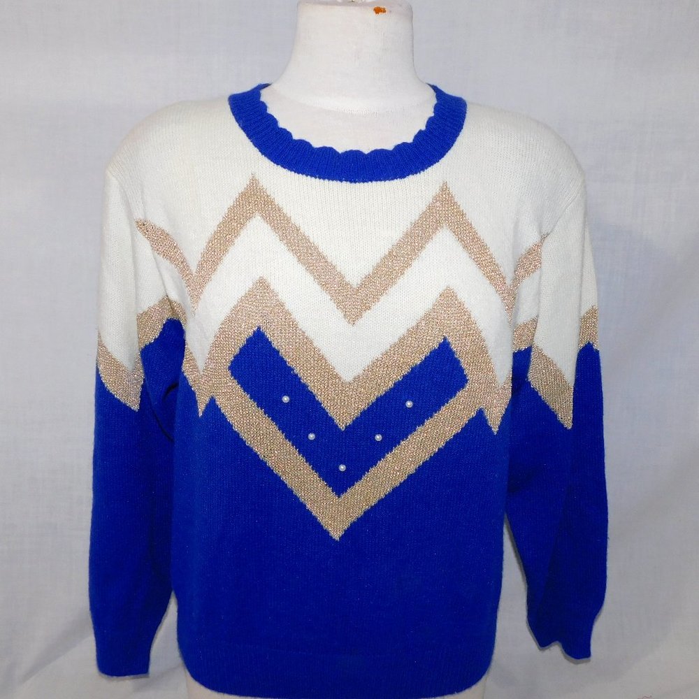 VTG 80s TanJay Womens M Blue White Gold Scalloped Neck Sweater Goldberg style